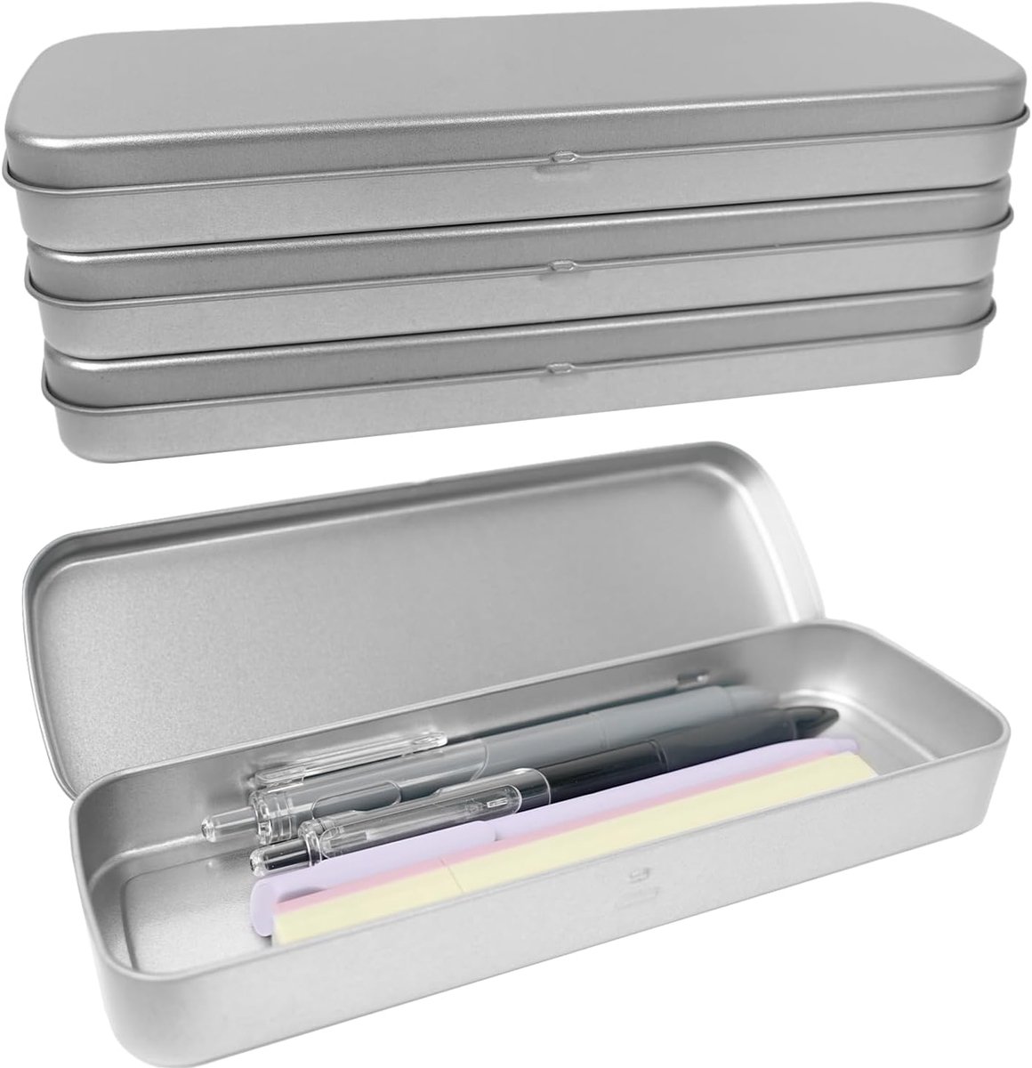 SnelShoppen - 3-delige metalen pennenkoffer, penbox met deksel, robuuste metalen penbox, zilver, ideaal voor school, kantoor en thuis