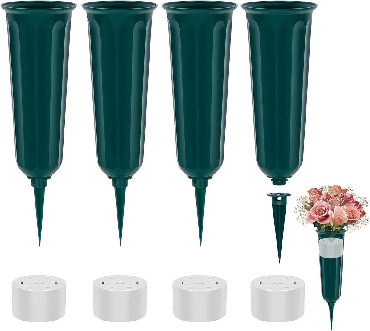 SnelShoppen - 4 Stuks Groene Grafvaas Inzetstukken met Grondpen en Basis - Herinneringsvaas voor Graven, Begraafplaats Decoratie, Tuin Decoratie