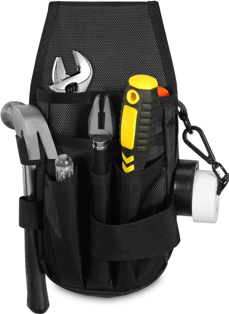 SnelShoppen - Tooltas met 7 Vakken - Praktische Gereedschapsdrager voor Elektricien - Stevige Zwarte Tool Bag met Zijzak en Metalen Riemclip