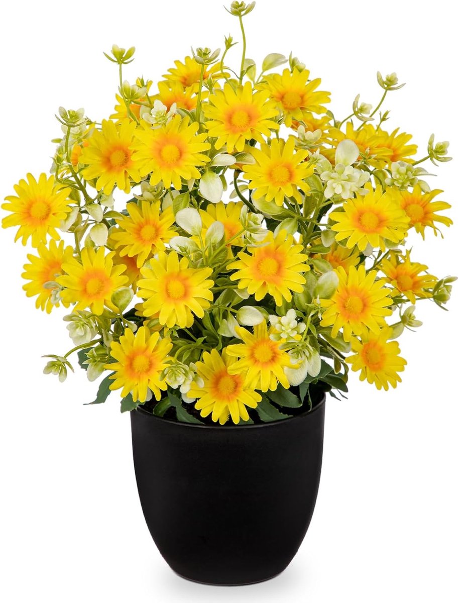 SnelShoppen - Kunstmatige Margrieten Planten in Zwarte Pot - Nepplant met Gele Bloemen en Groene Bladeren voor Thuis Decoratie, Kantoor, Badkamer, Bur