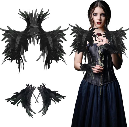 SnelShoppen - Zwarte Dons Kraag met Veer Manchetten voor Maleficent Kostuum, Gouden Gothic Feestoutfit voor Halloween en Carnaval, Elegante Zwarte Ver