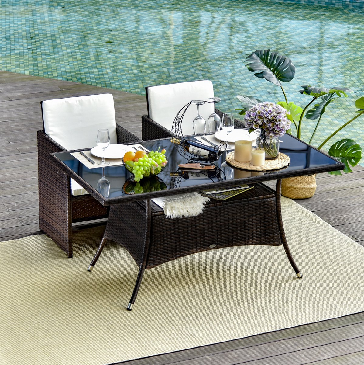 COVREO Tuintafel 150x85x74 cm bruin-zwart, polyrattan met glasplaat