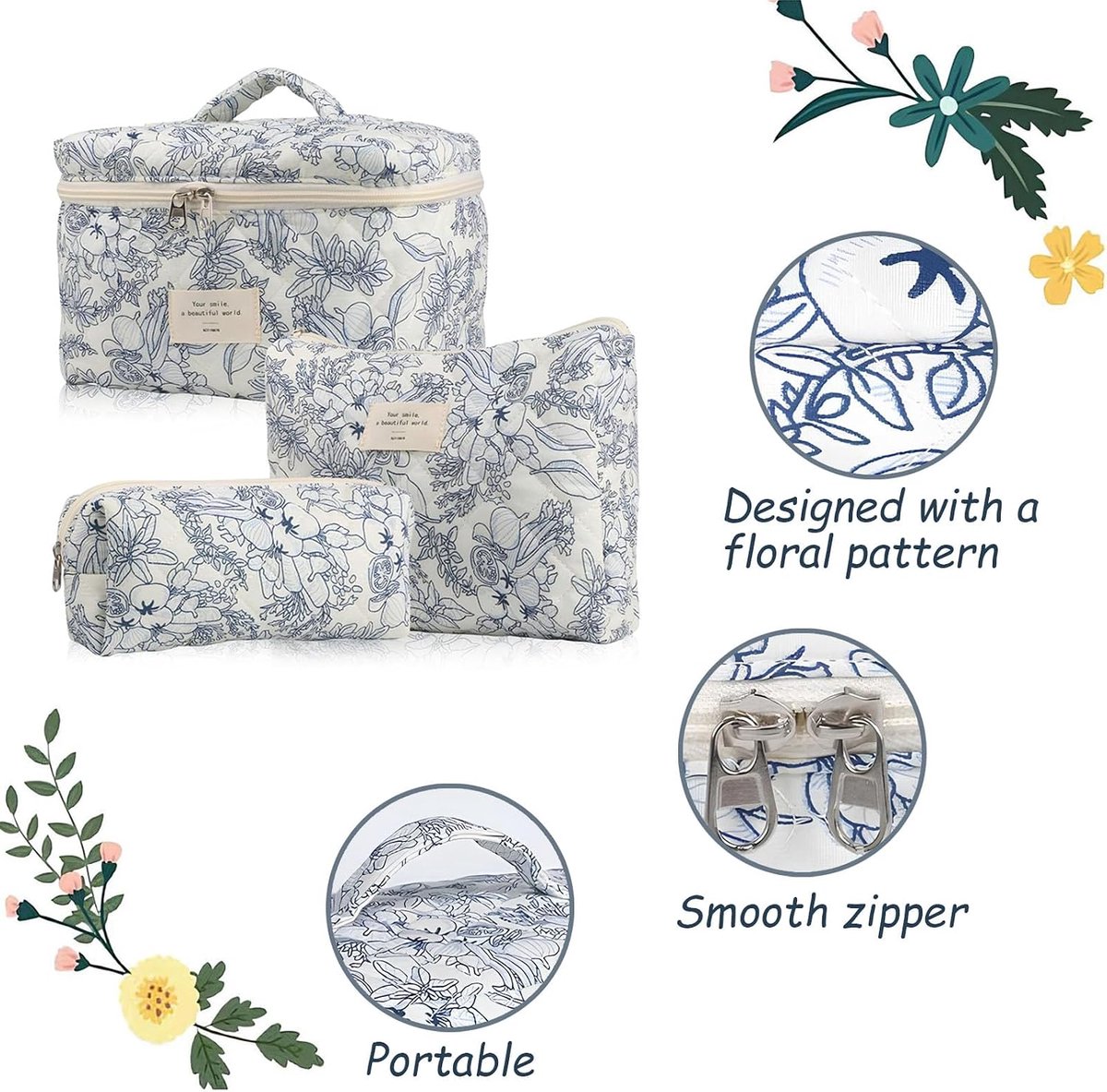 SnelShoppen - 3-delige Bloemen Make-up Set met Gequilt Make-up Tas voor Vrouwen en Meisjes in Blauw Retro Stijl - Lichtgewicht en Duurzaam, Perfect vo