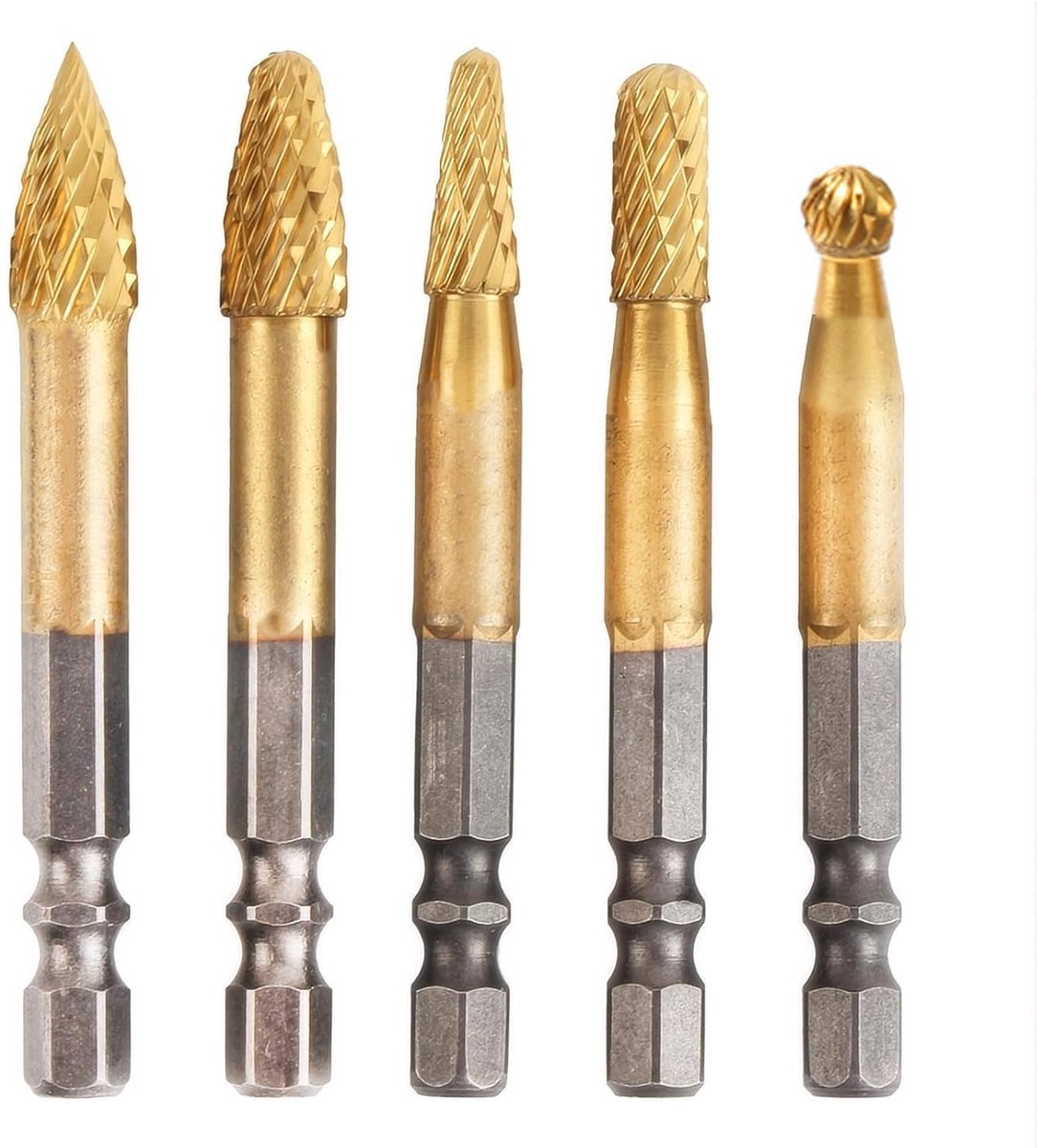 SnelShoppen - 5-delige Carbide Frees Cutter Set met Dubbele Snede 6,35mm Hex Shank, Frees Boor voor Metaal, Hout, Graveerwerk, Slijpen, Snijden