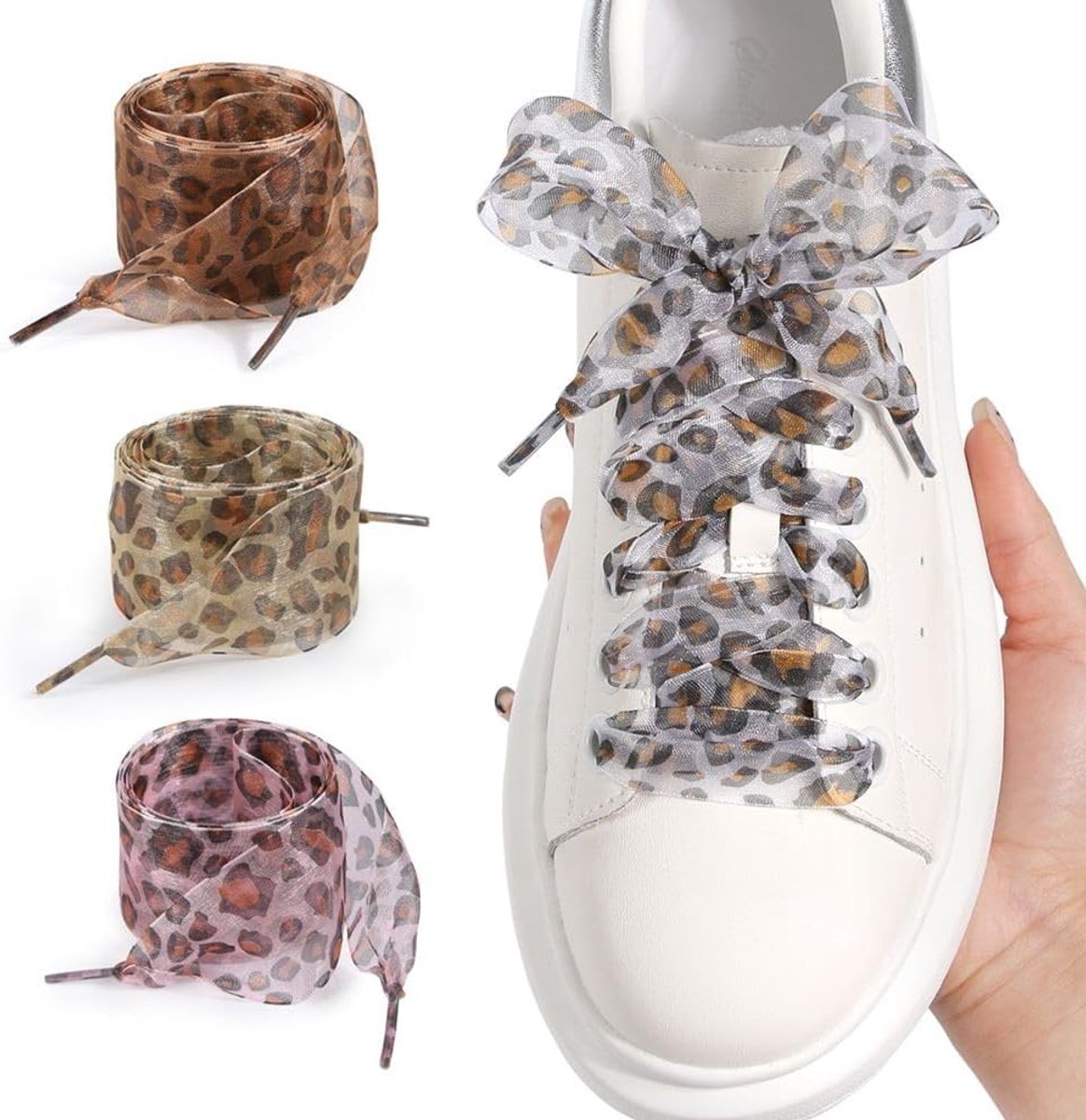 SnelShoppen - Lace Up Chiffon Veters 4 Pairs 4 cm Breed Leopard Patroon Veters voor Dames en Meisjes, Ideaal voor Sneakers en Laarzen