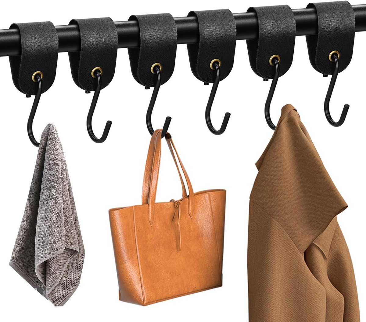 SnelShoppen - S Haakjes Zwart met Leren Lus - 6 Stuks - Metalen Kledinghaken Rvs - Voor Keuken, Badkamer, Slaapkamer, Kledingkast en Kamperen