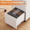 Binnenkant van een open lade van een witte archiefkast, gevuld met diverse hangmappen. Text in beeld: 'Geeignet für verschiedene Dateigrößen'.