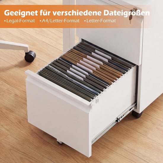 Binnenkant van een open lade van een witte archiefkast, gevuld met diverse hangmappen. Text in beeld: 'Geeignet für verschiedene Dateigrößen'.