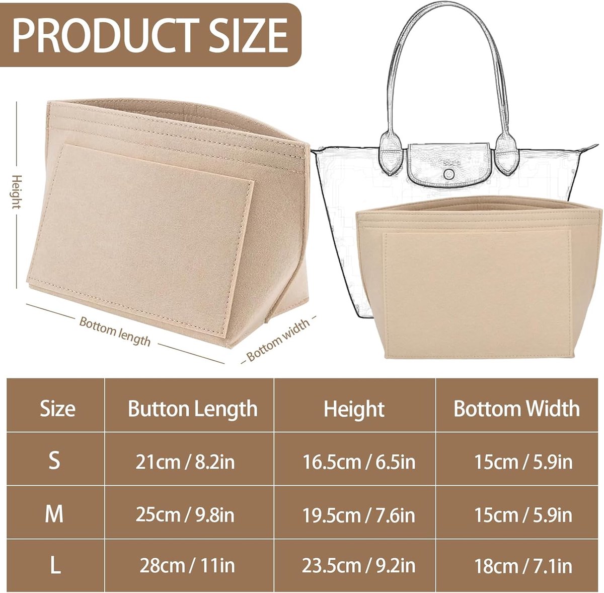 SnelShoppen - Longchamp Insert Felt Organizer - Multi-Bag Organiser van Vilt voor Longchamp Tassen - Vouwbare Tas Organizer voor Lipstick, Sleutels -