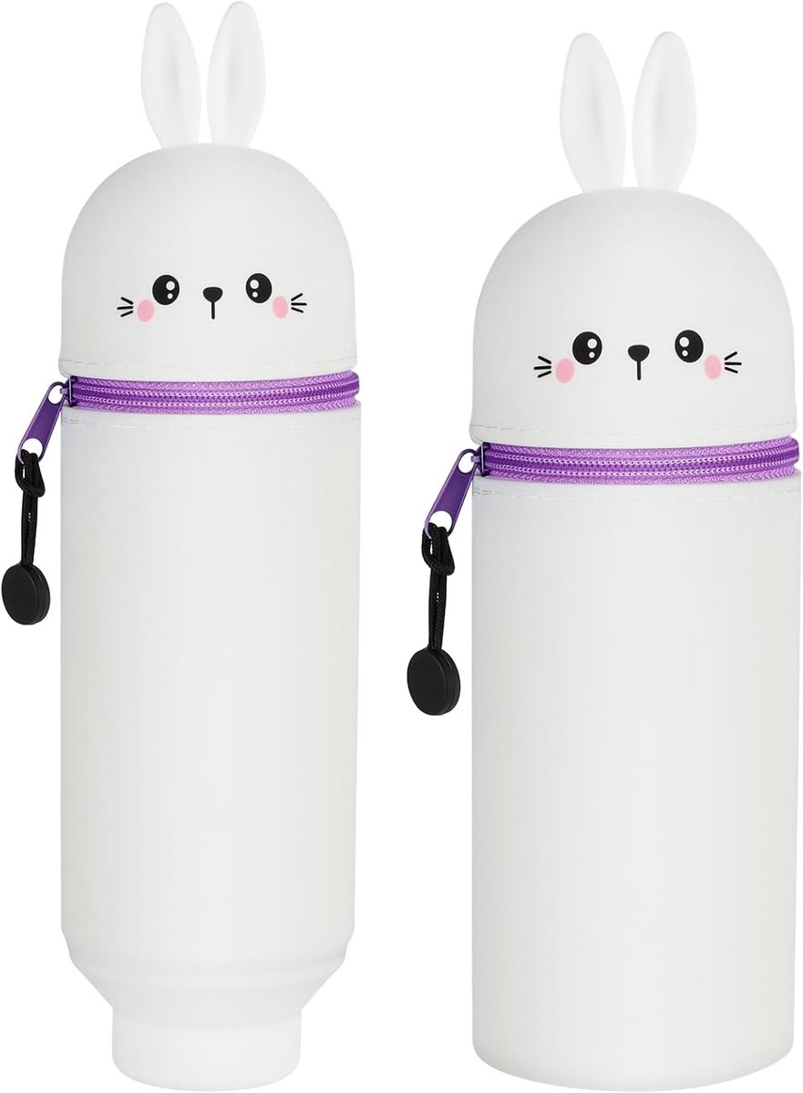SnelShoppen - 2-in-1 Soft Silicone Pennenhouder - Waterdichte en Duurzame Siliconen Etui voor School - Grote Capaciteit - Witte Konijn Design - Unisex