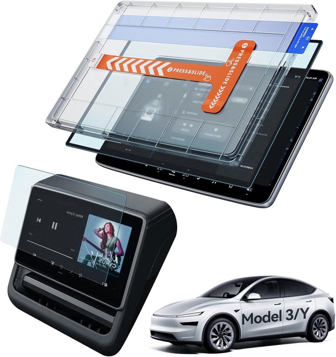 SnelShoppen - HD Series 2-delige 15.4" + 8" Screen Protector voor Tesla Model 3 2024-2026 en Model Y 2025, Voor- en Achter 9H Gehard Glas Screen Prote