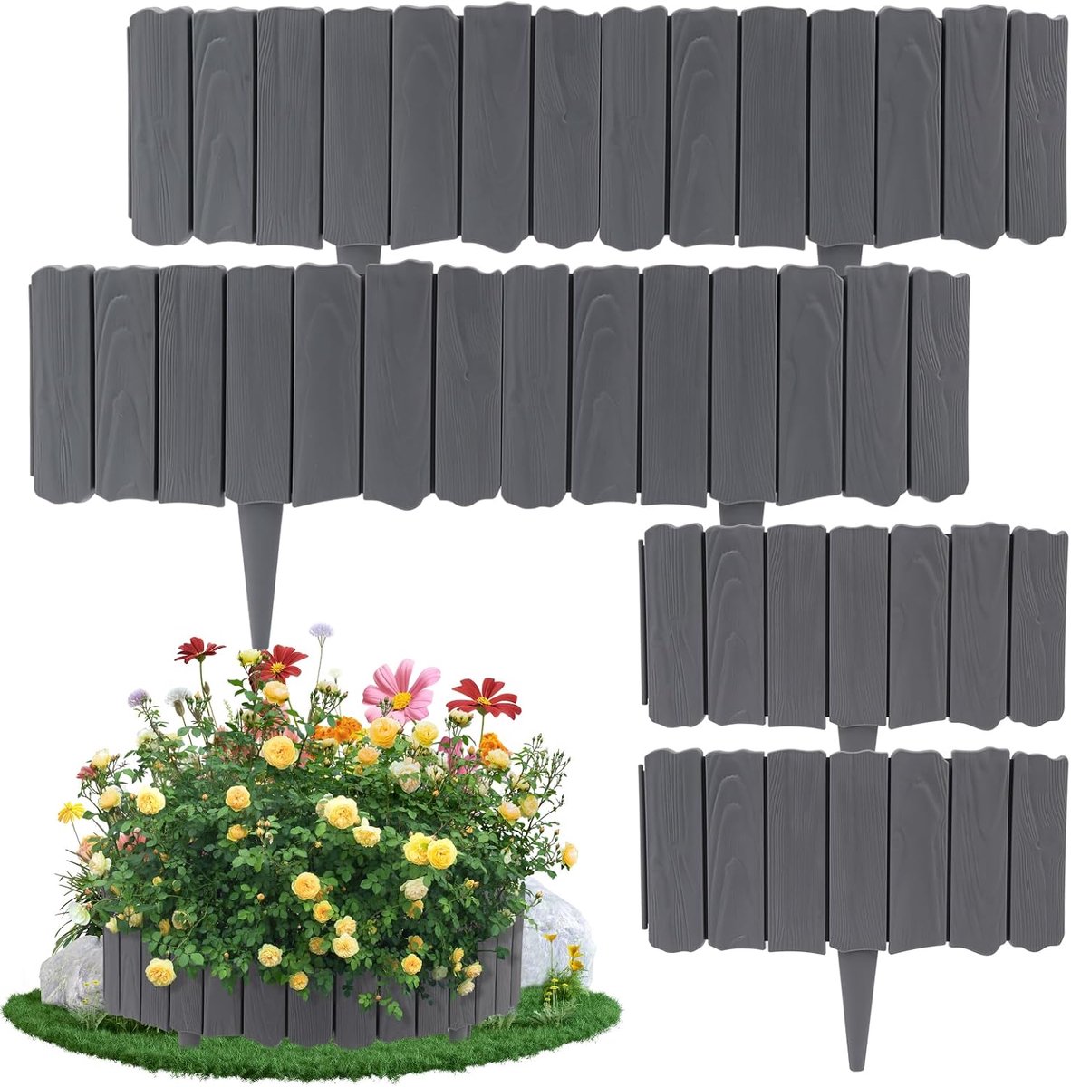 SnelShoppen - Grafietrand 1,8 m - In elkaar grijpende Tuinrandpanelen met Grondspikes - Houteffect Kunststof Gazonrand voor Bloembedden, Paden en Terr