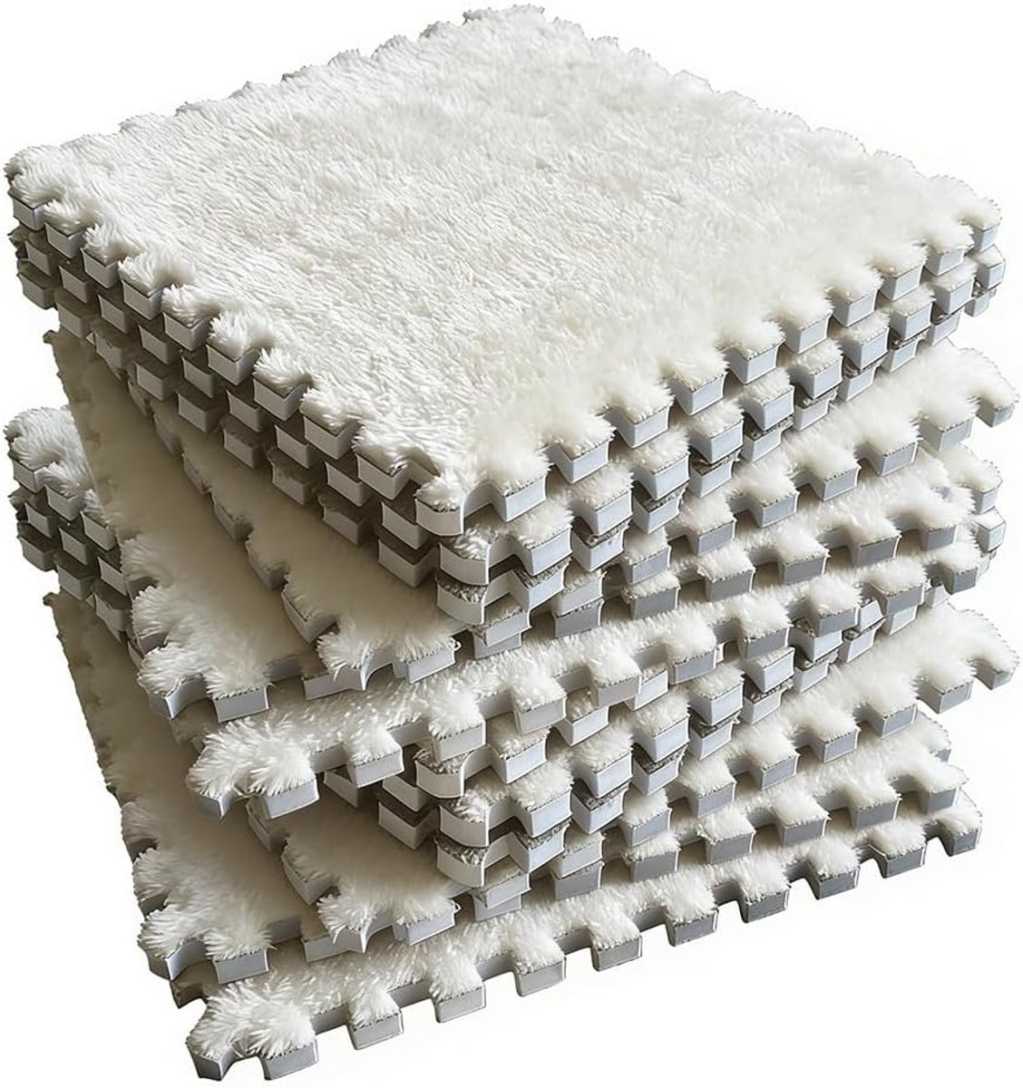 SnelShoppen - Witte Pluche Kruipmat, 12 Stuks Interlock Pluche Schuim Matten, 30x30cm Puzzel Schuim Vloermat, Fluffy Woonkamer Slaapkamer Tapijttegels