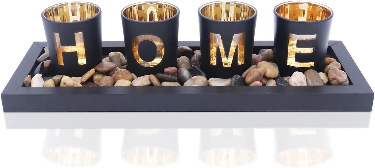 SnelShoppen - Candle holder set met 4 glazen cups, houten tray en decoratieve stenen voor sfeervolle tafelversiering, perfect voor feest en interieur