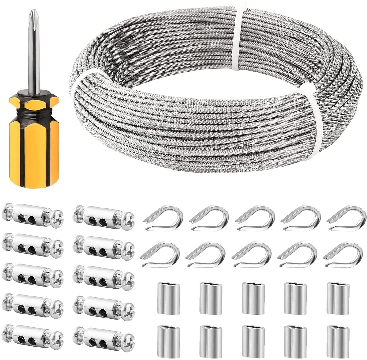 SnelShoppen - 50 m RVS Kabelset 3 mm - Stalen Kabel met PVC Bescherming, Oogjes, Crimp Sleeves, Kabelklemmen & Schroevendraaier voor Tuin, Klussen & B