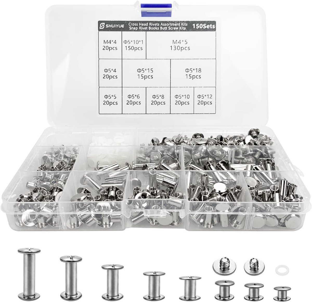150 Set Silver Cross Head Chicago Screws Set, 8 Sizes, Chicago Button Rivers Kit - ShopVlot