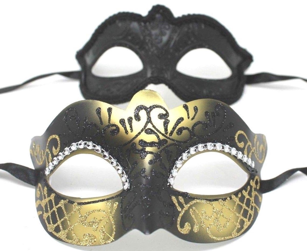 Omgoods - Set van 2 Gouden en Zwarte Venetiaanse Maskers voor Feestjes