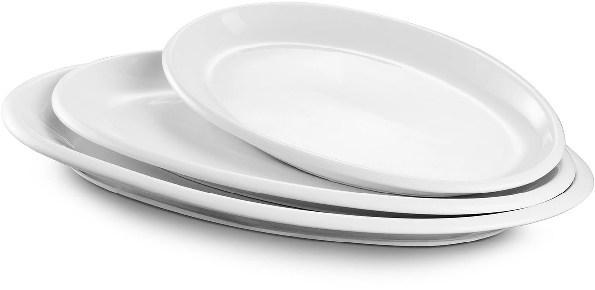 Omgoods - Set van 3 Ovalen Serveerplaten in Wit Porselein, Ovenbestendig