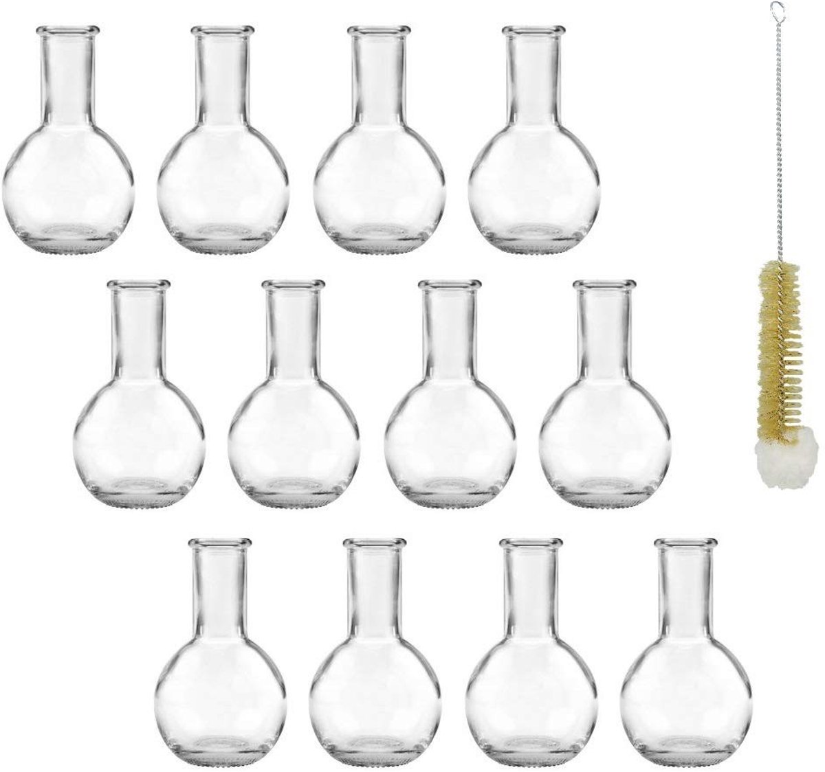 Omgoods - Set van 12 Kleine Flessenvazen van Glas met Borstel