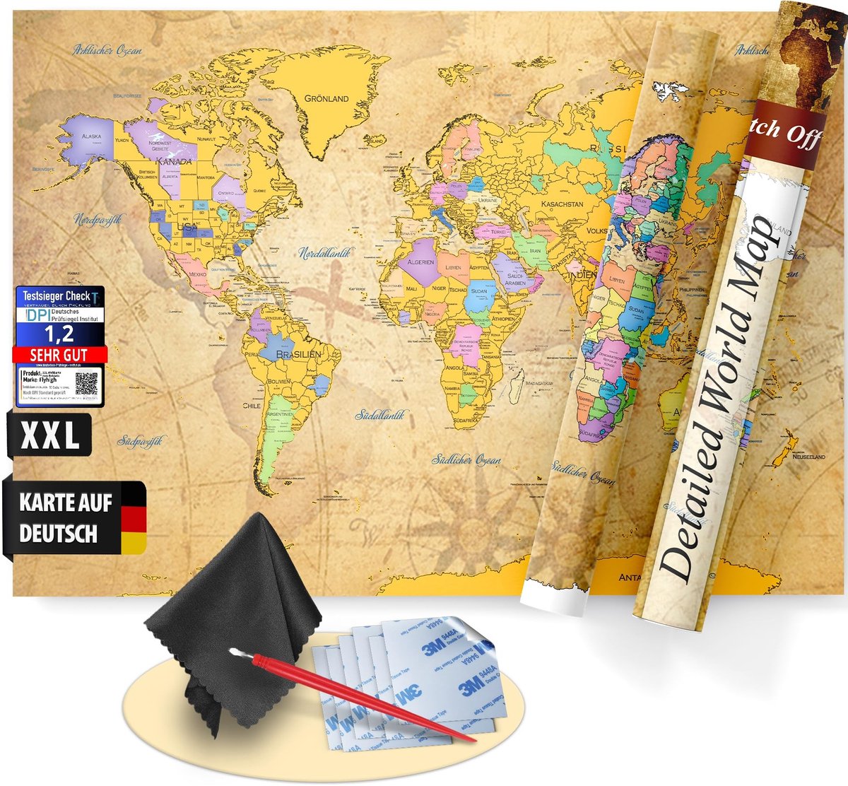 Omgoods - XXL Kras Wereldkaart Poster met Sticker en Kraspen