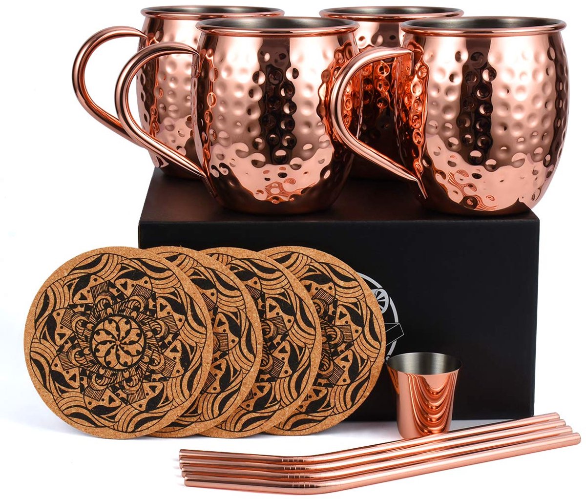 Omgoods - Moscow Mule Koperen Mok Set met 4 Glazen, Coasters en Rietjes