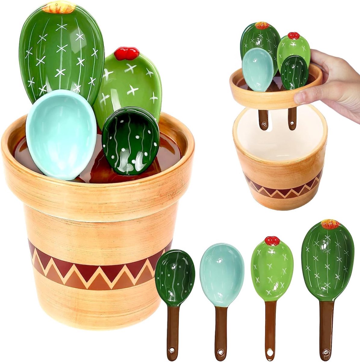 Omgoods - Set van 5 Keramische Cactus Meetlepels met Organizer
