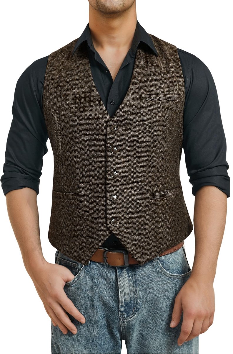 Omgoods - Heren Herringbone Tweed Vest voor Formele en Casual Gelegenheden