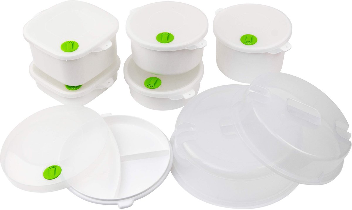 Omgoods- Magnetronkommen Set van 6 - XXL Ronde/Vierkante Kommen - 1/1,5/2 Liter - Deksels met Stoomopening - Transparante Deksel - Hygiënisch en Spatvrij - Bewaarkommen