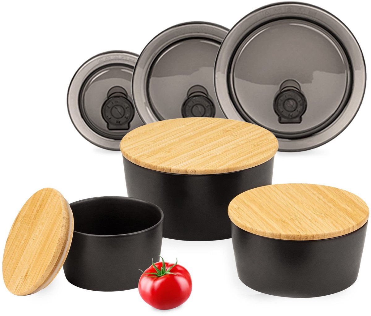 Omgoods - Set van 3 Luchtdichte Keramische Opbergbakken met Houten Lids