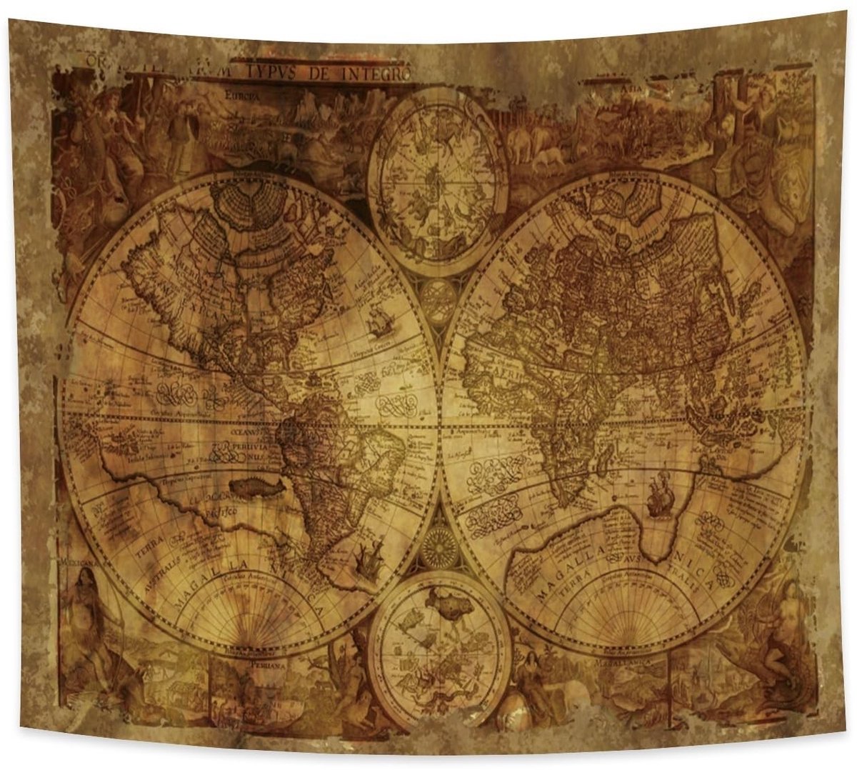Omgoods - Vintage Wereldkaart Tapestry voor Wanddecoratie 180 x 160 cm