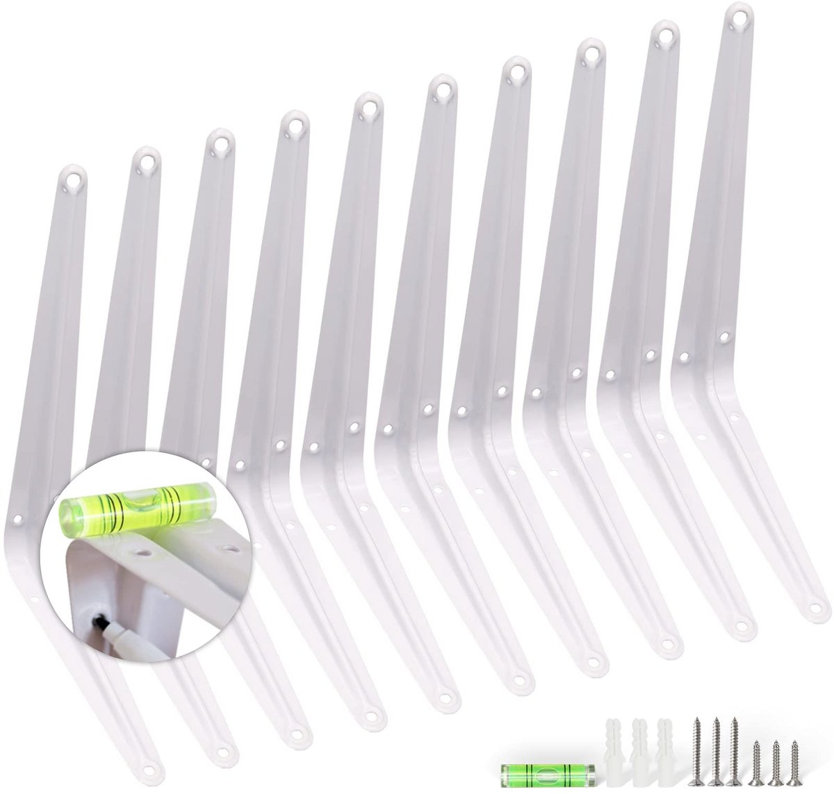 Omgoods - Wandplank Beugels met Schroeven en Mini Waterpas - 10 Stuks in Londen Stijl (Wit)