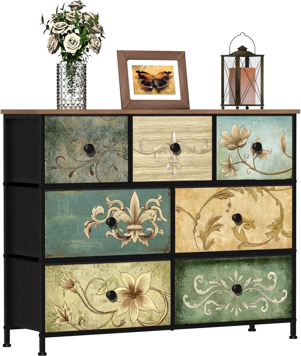 SnelShoppen - Boheemse Slaapkamercommode met 7 Schuifladen, Houten Plaat, Stof en Metalen Frame, Multifunctionele Organizer voor Woonkamer, Kinderkame