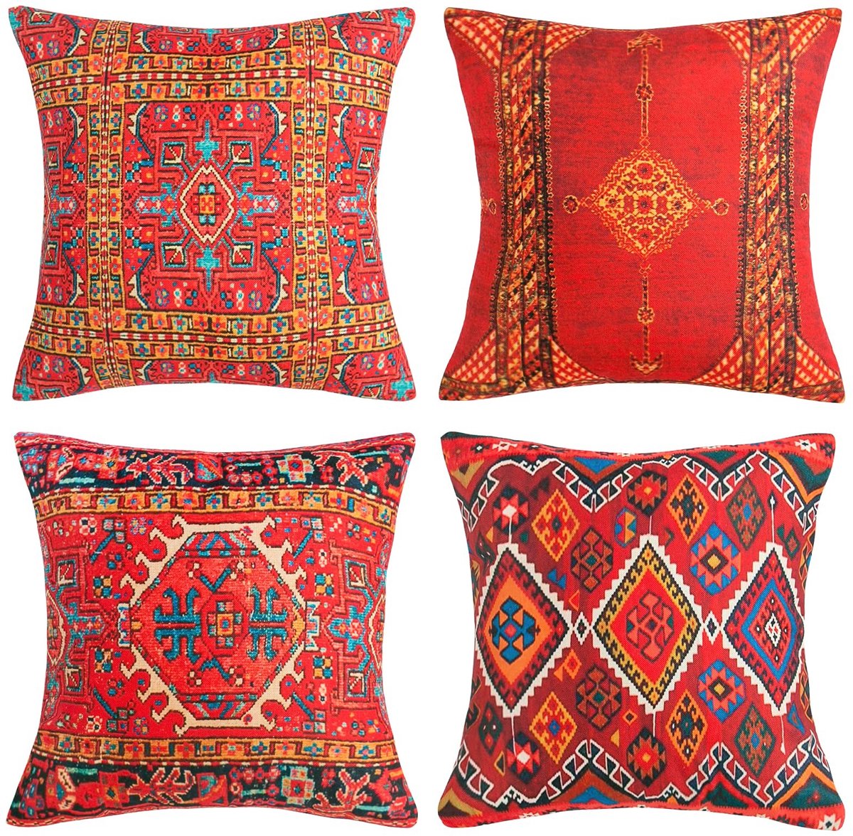 Omgoods - Kilim Kussenhoezen 50 x 50 cm Rood Etnisch Patroon Set van 4