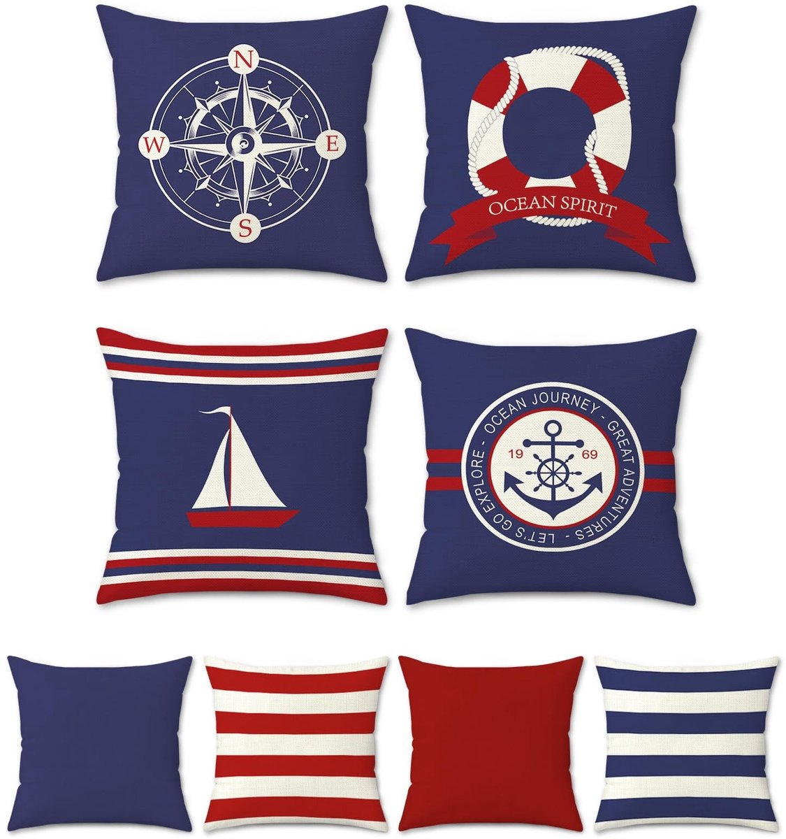 Omgoods - Nautische Kussenslopen 45x45cm, Set van 4, Decoratief met Kompas en Zeilboot