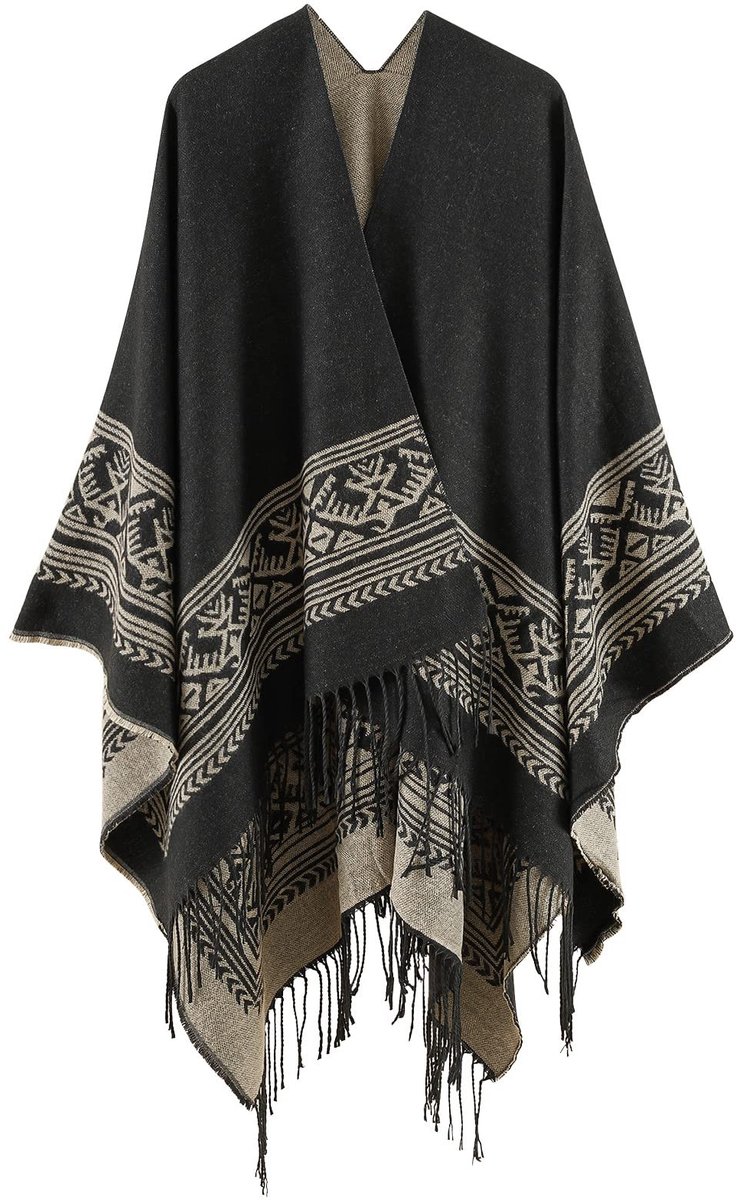 Omgoods - Dames Poncho Cape met Geometrisch Motief en Franjes