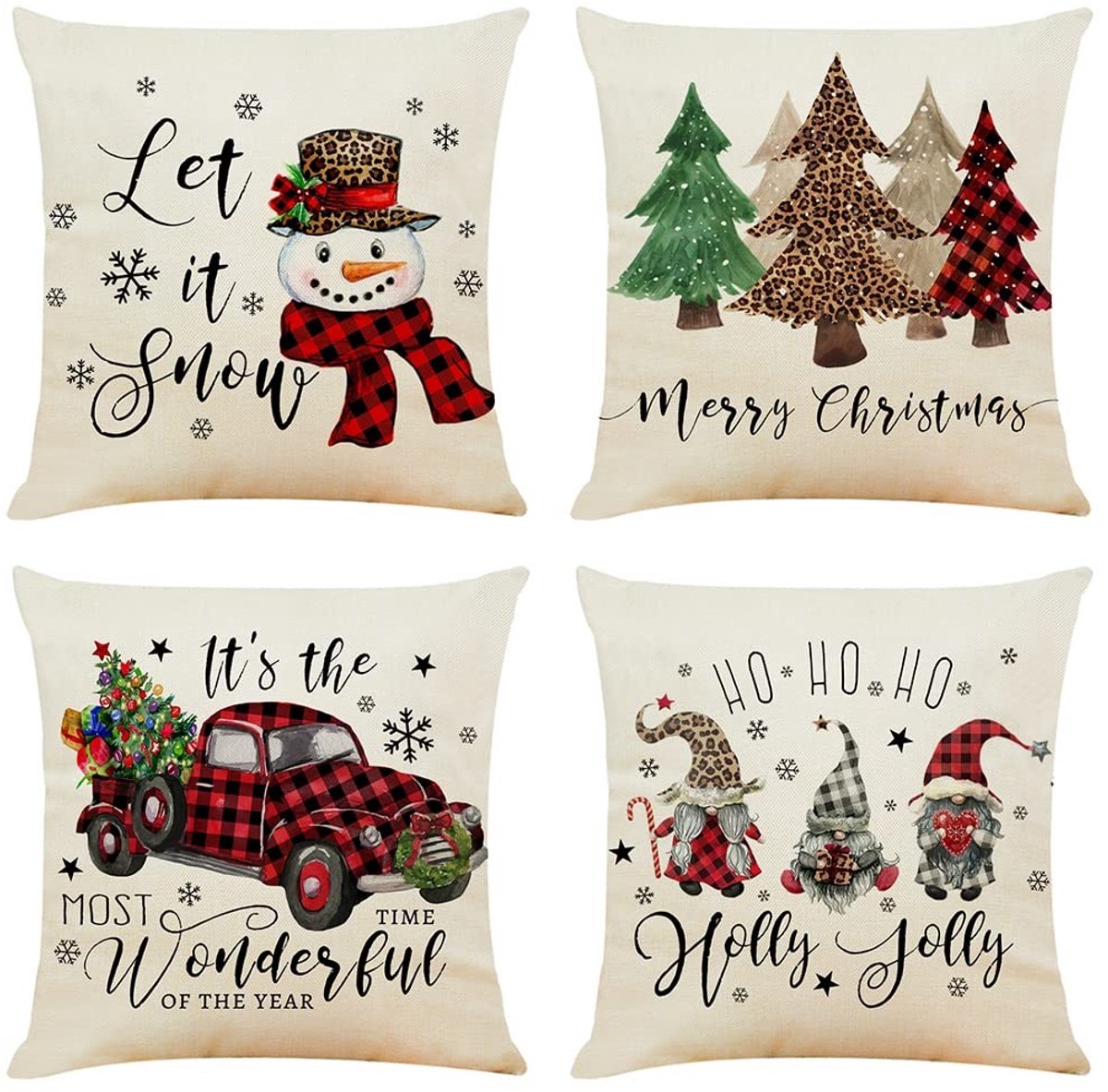 Omgoods - Set van 4 Kerst Kussenhoezen 45 x 45 cm