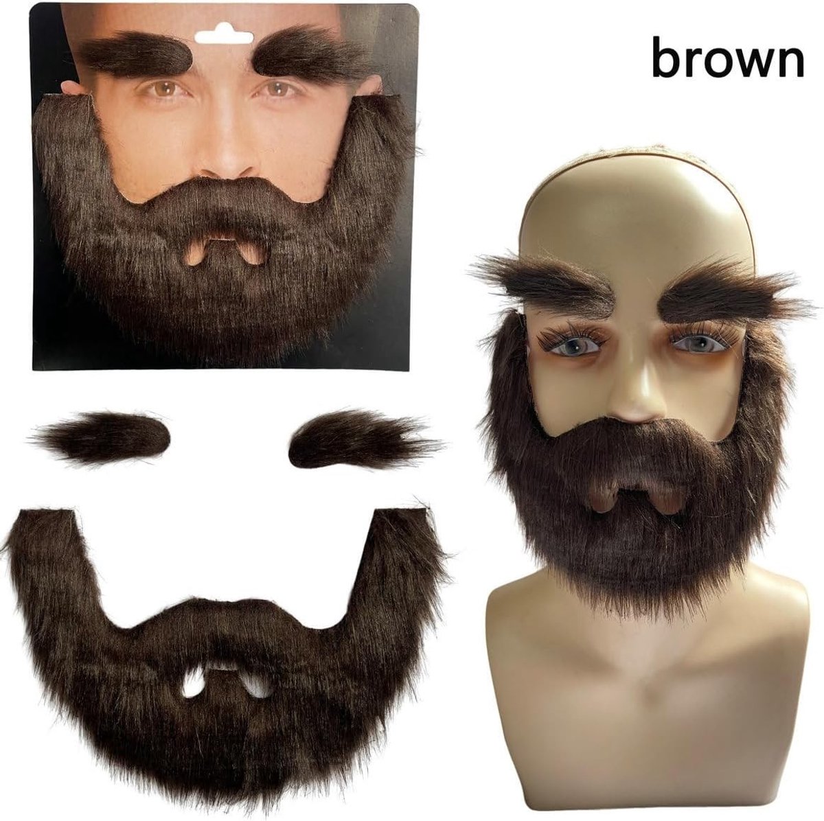 Set van Neppetjes en Baard - Zelfklevend Gezichtshaar voor Kostuum en Halloween Feest (Bruin) - Perfect voor Verkleedpartijen en Theatrale Optredens