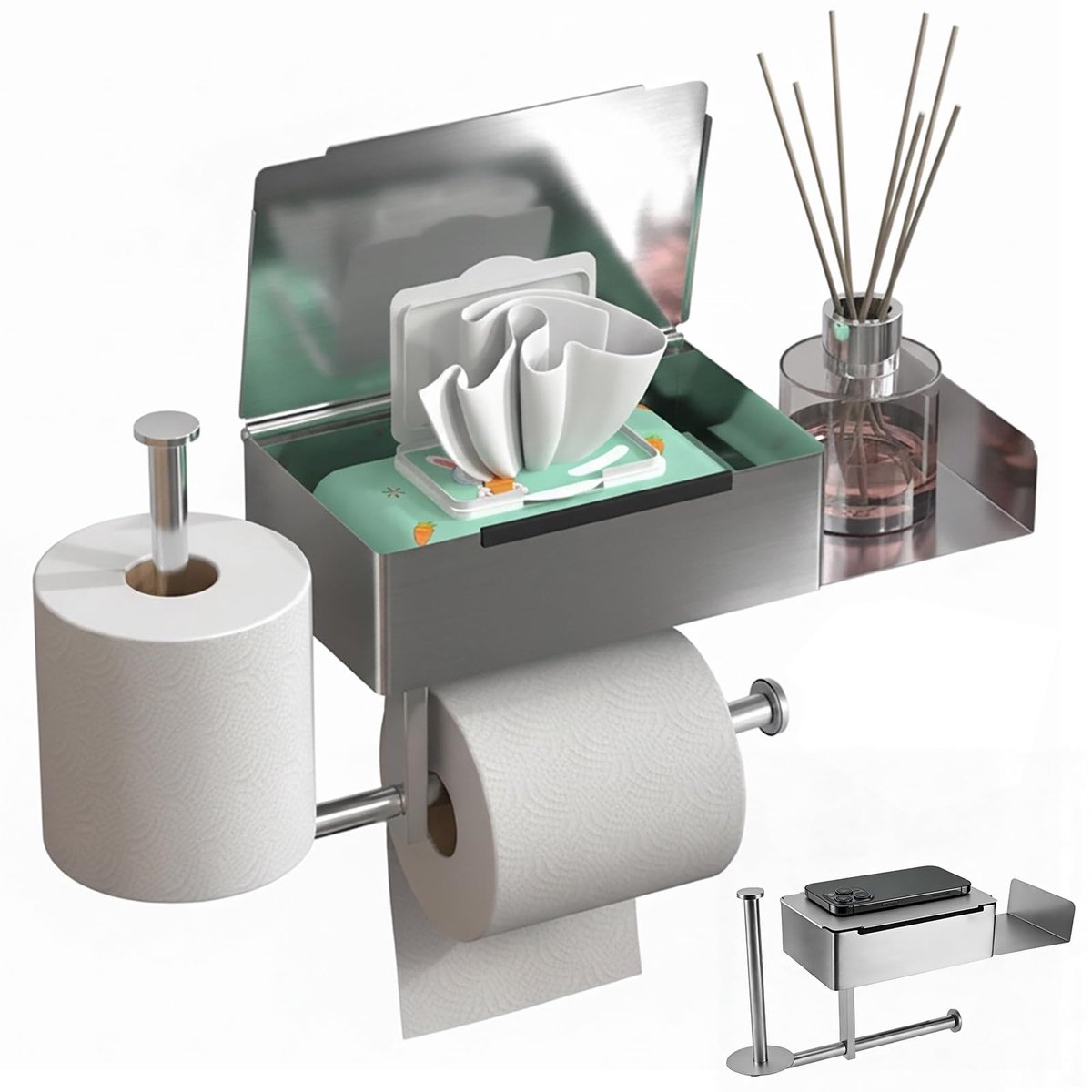 Omgoods - Toiletpapierhouder met Wipes Box en Bevestigingsplaat, RVS Zilver