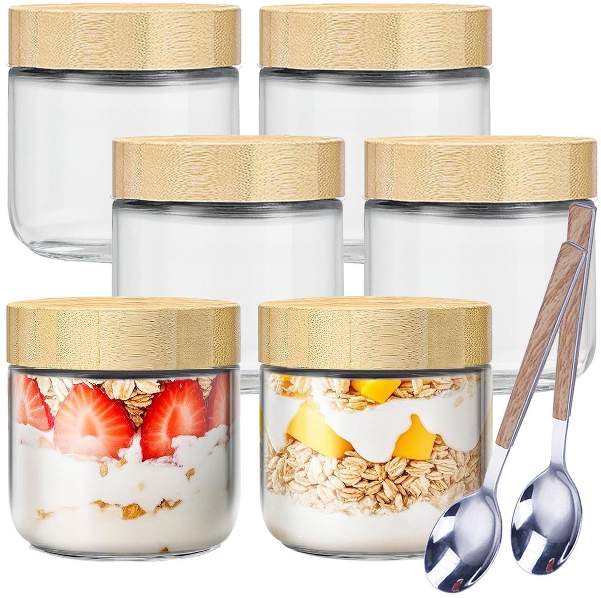 Omgoods - Set van 6 Oats Opslagpotten met Bamboo Deksel 300ml