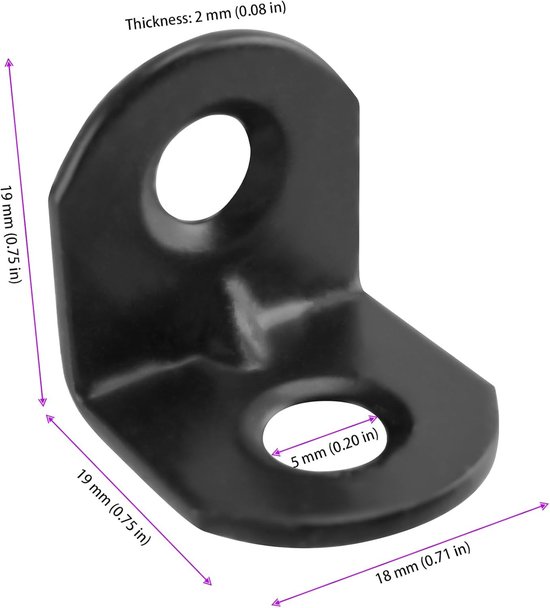 L-vormige hoekbeugels 1.8 x 1.8 x 1.8cm - 100 stuks, zwart, voor wandplanken, meubels en bevestiging met schroeven — afbeelding 5