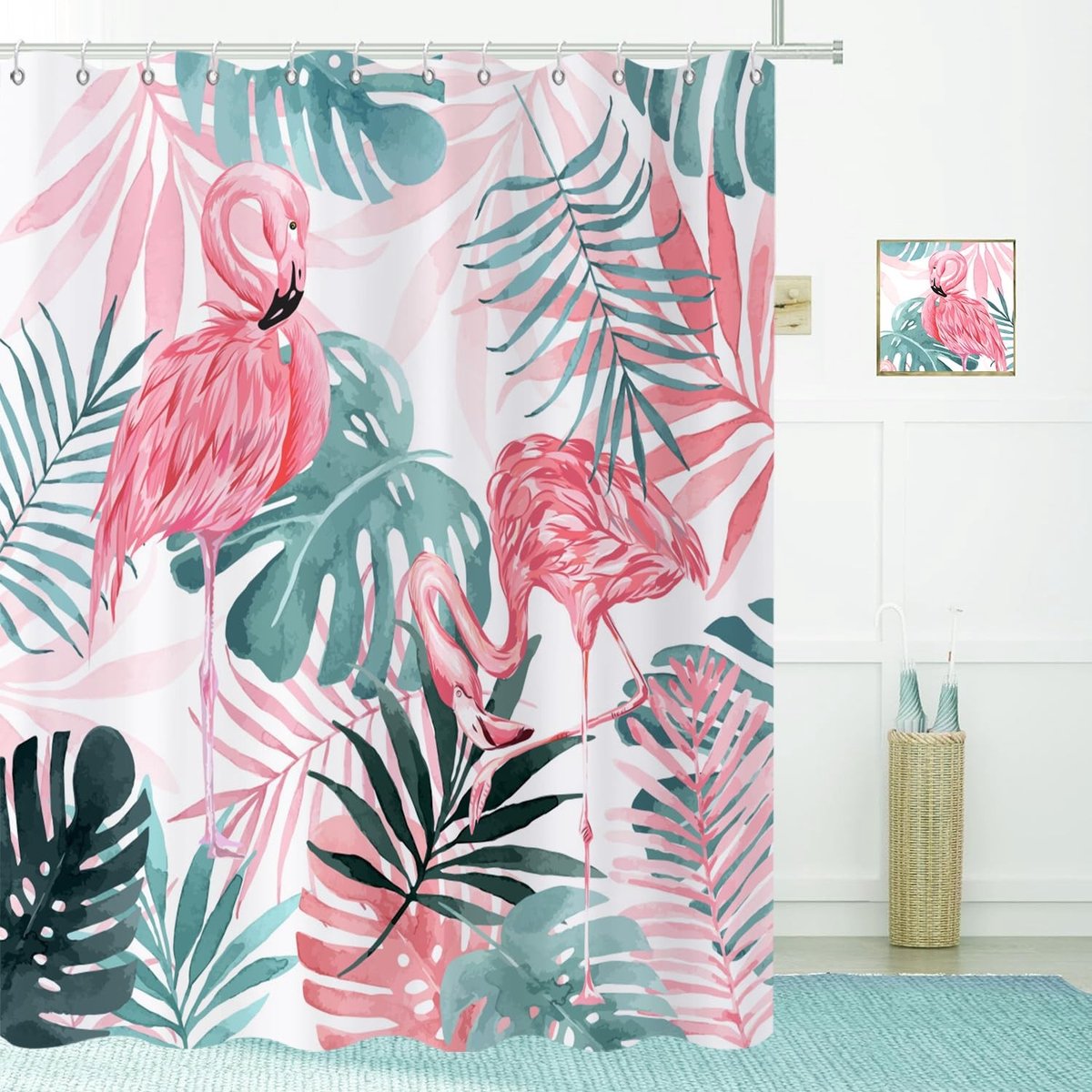 Omgoods - Waterdicht Douchegordijn 180 x 180 cm - Roze Flamingo en Tropisch Blad