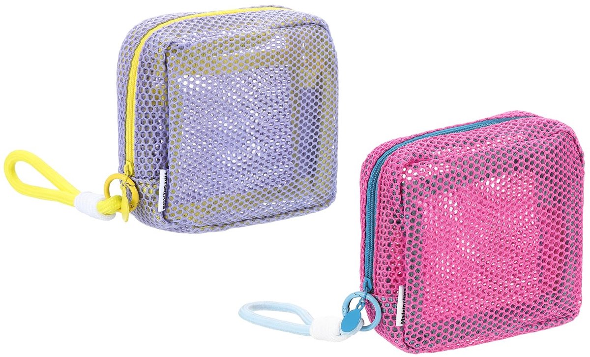 Omgoods - Set van 2 Mesh Make-up Tassen - Mini Reistassen voor Make-up en Organisatie - Paars/Rood/Roze
