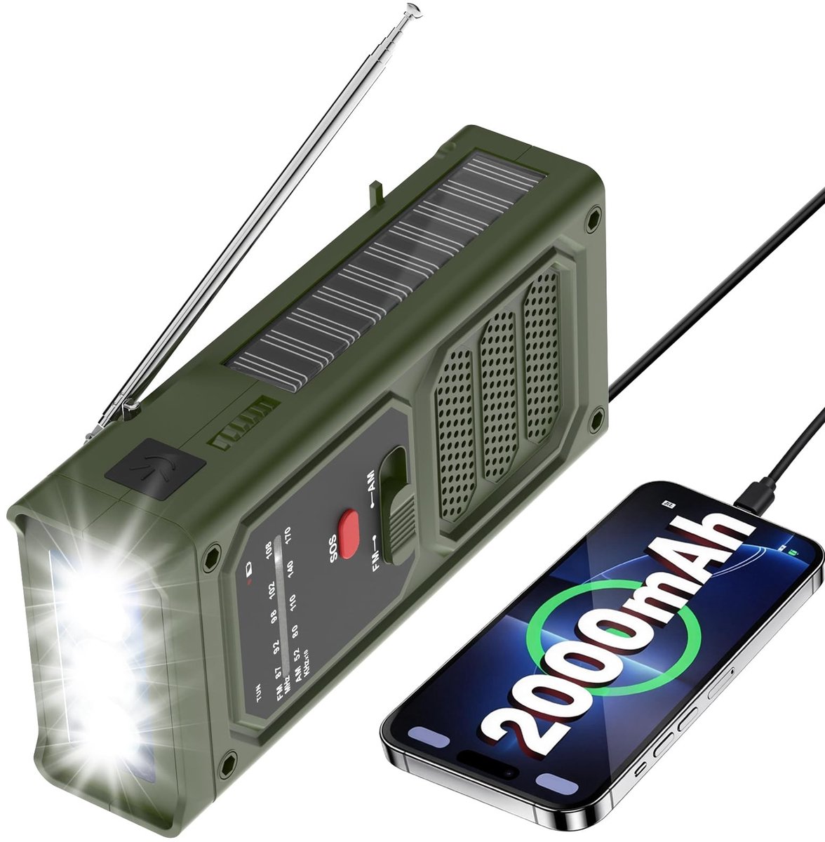 Omgoods - Noodradio op Zonne-energie met Zwengel en LED-Zaklamp - Donkergroen