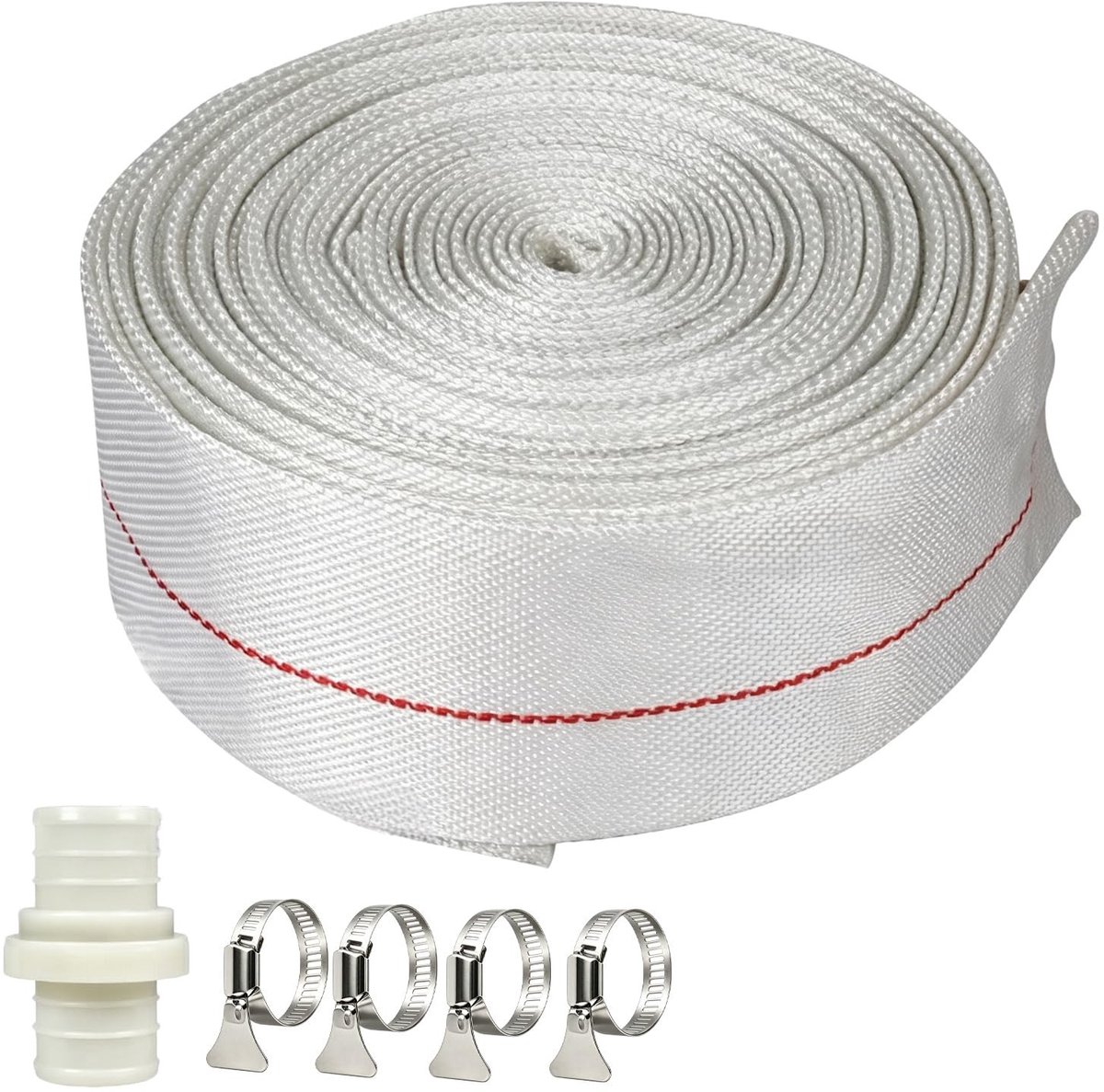 Omgoods- Weefselslang 20 meter - Geweven Slang - Platte Slang - 32 mm - 4 Slangklemmen - 1,2 inch Aansluiting - Industrieel tot 10 bar - Waterslang