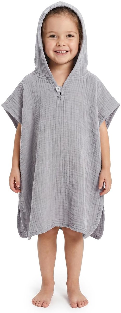 Omgoods - Premium Mousseline Badponcho Kinderen met Capuchon - 100% Katoen - Lichtgrijs