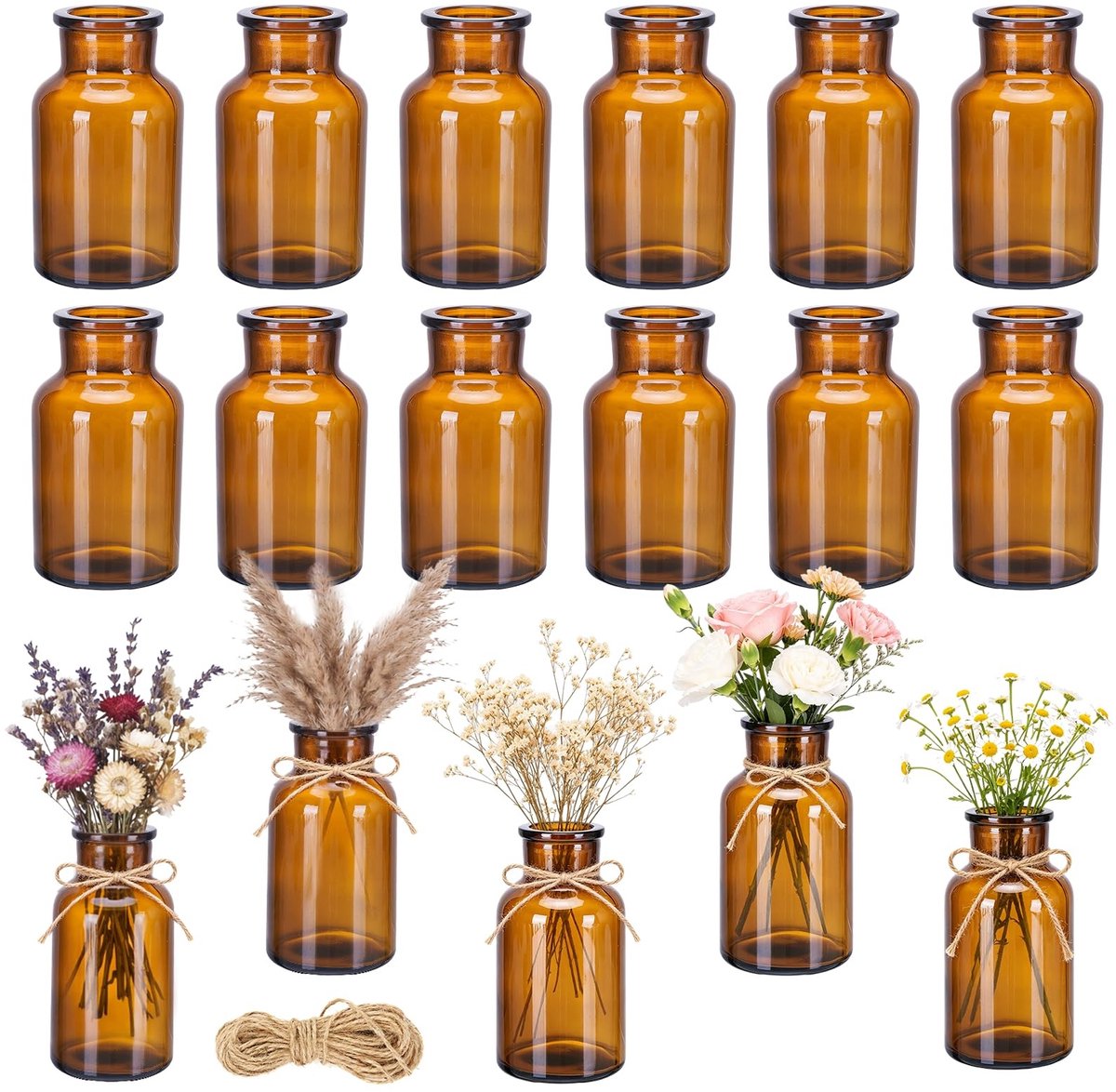 Omgoods - Set van 12 Amberkleurige Mini Glazen Vazen voor Bloemen