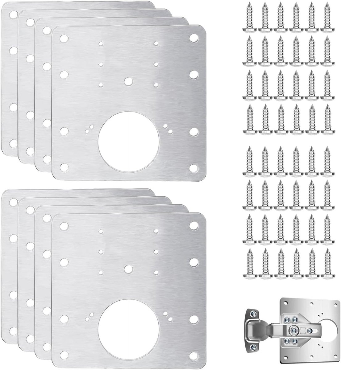 Hinge Repair Plate 9x9cm met 8 vervangende kastscharnieren en 48 schroeven voor keukenmeubels en kasten, ideaal voor het bevestigen van deuren en lades