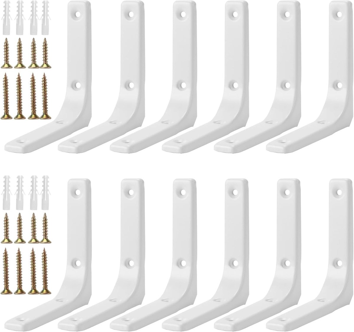 12 Stuks Hoekbeugels Wit, 10 cm Metalen L-vormige Beugels voor Plankondersteuning, Inclusief Schroeven voor Houten Planken en Boekenkasten, 100 x 100 x 20 mm