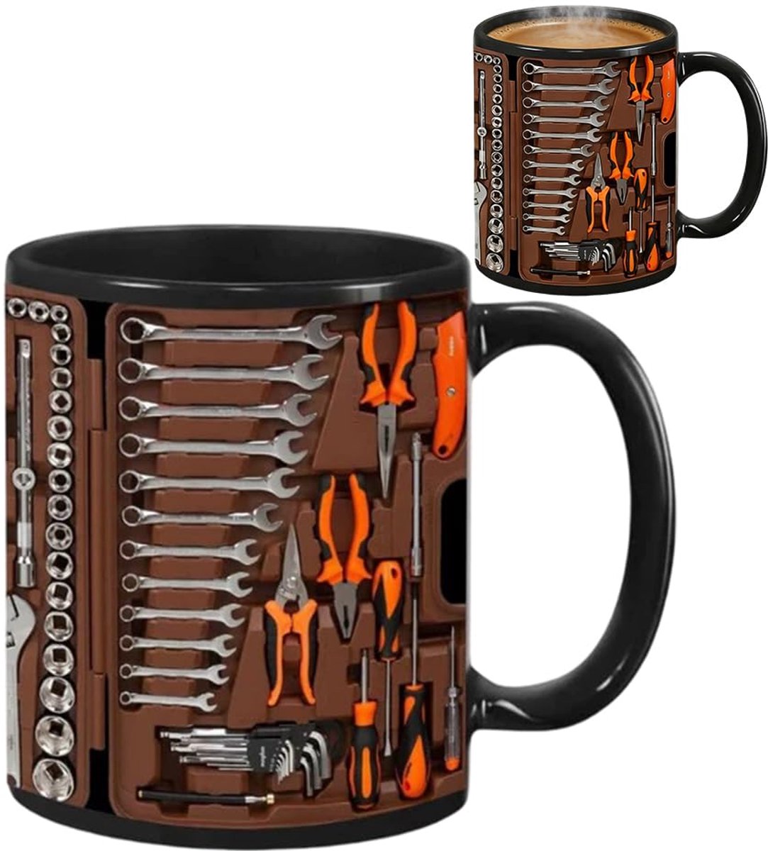 Omgoods- Gereedschapsbeker 350 ml - Koffiemok - Monteurbeker - Keramiek - Hittebestendig - Uniek design met gereedschapsprints