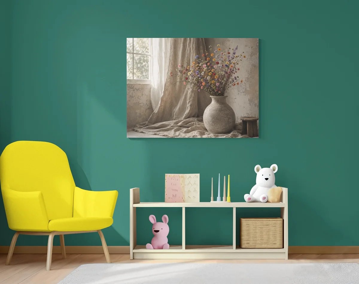 Canvas Schilderij Bloemen - Landelijke Veldbloemen in Vaas - 100 x 75 cm